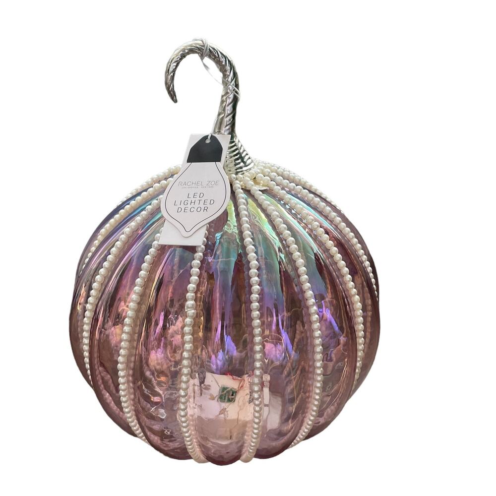 Rachel Zoe Pink Iridescent LED Glass Pumpkin Caged Faux Pearl Light Up Glam New